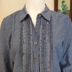 Country "denim" bib shirt w/ ruffled crochet trim